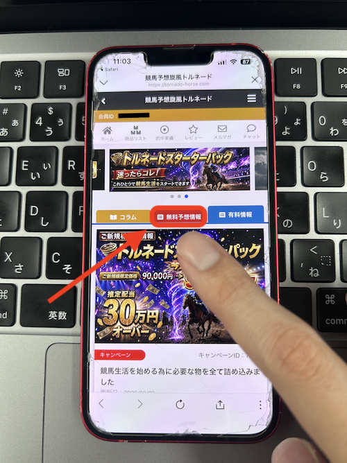 競馬予想旋風トルネードの無料予想の確認方法