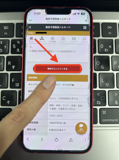 競馬予想旋風トルネードの無料予想の確認方法