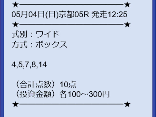 ツカメルの無料予想 2025年5月4日京都5R