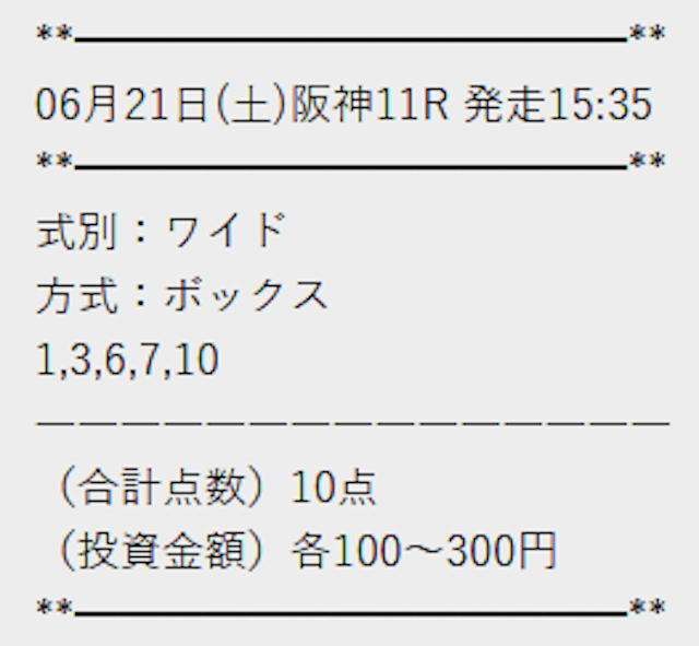 テキカクの無料予想　2025年6月21日阪神11Rの買い目