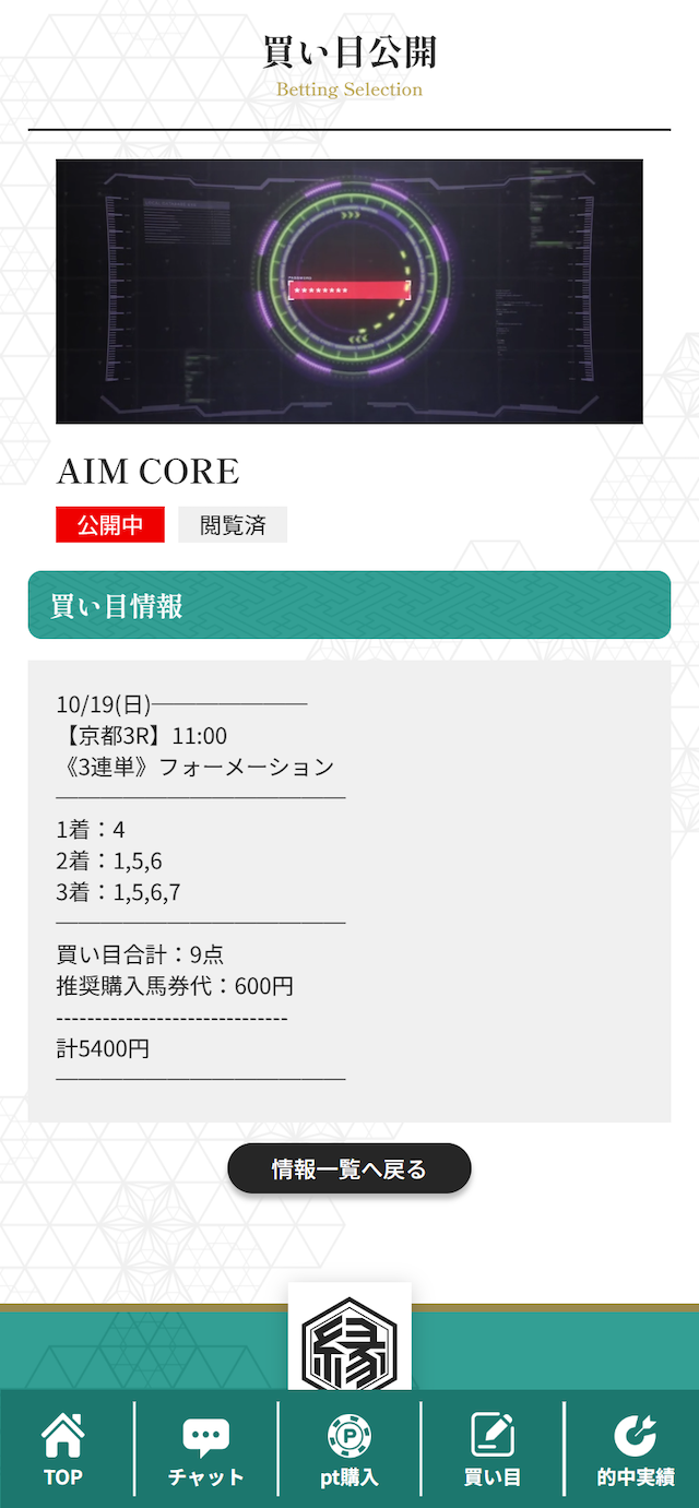縁の有料情報 10月19日の買い目