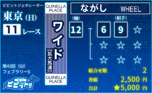 ビビットAIによるフェブラリーS2026の買い目（ワイド：⑫-⑥⑨）