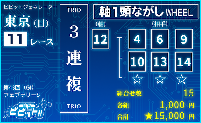 ビビットAIによるフェブラリーS2026の買い目（3連複軸1頭ながし：⑫-④⑥⑨⑩⑬⑭）