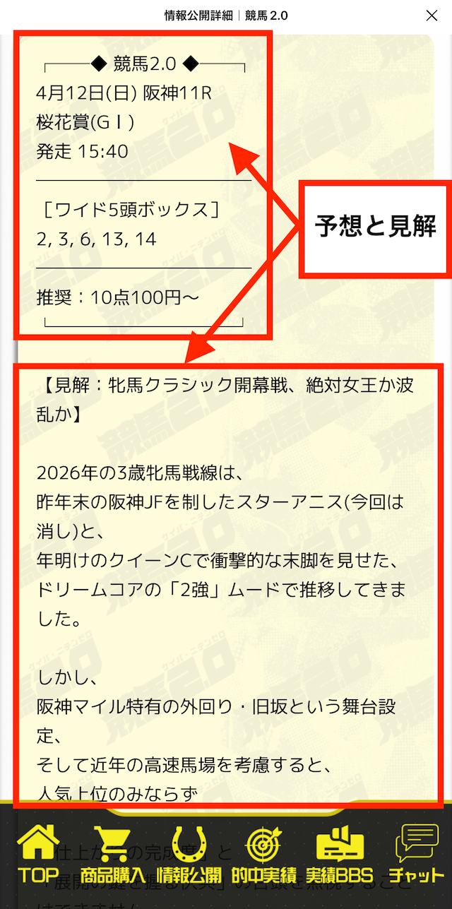 競馬2.0の無料予想の受け取り手順③予想と見解を確認