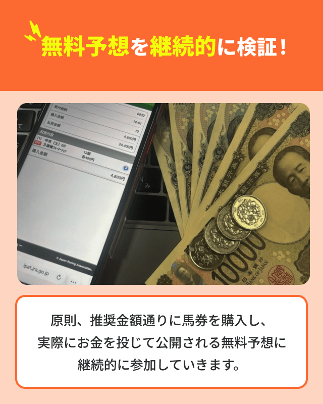 競馬予想サイトの検証STEP②無料予想を継続的に検証！（原則、推奨金額通りに馬券を購入し、実際にお金を投じて継続的に参加していきます。）